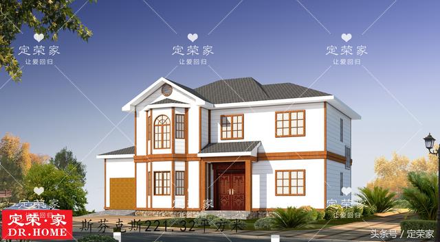 帶車庫雙層實用別墅戶型圖，造型莊重但又不失活潑，整體給人以大氣之感