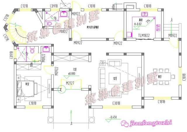 二層帶煙囪農村自建別墅設計圖，磚混結構18x10米160平米，主體造價25萬
