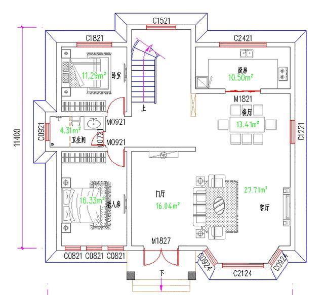 二層帶挑空客廳農村自建房設計圖，外觀屬于田園風格，設有門廳，客廳中空設計