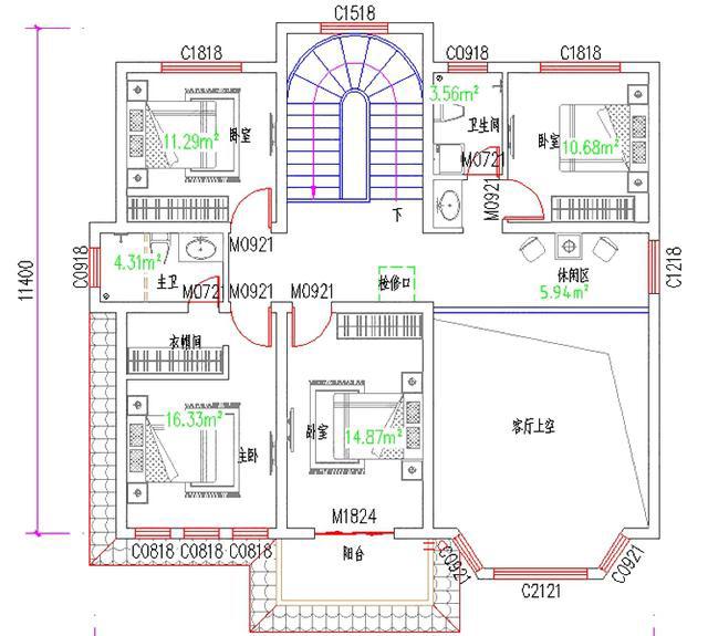 二層帶挑空客廳農村自建房設計圖，外觀屬于田園風格，設有門廳，客廳中空設計