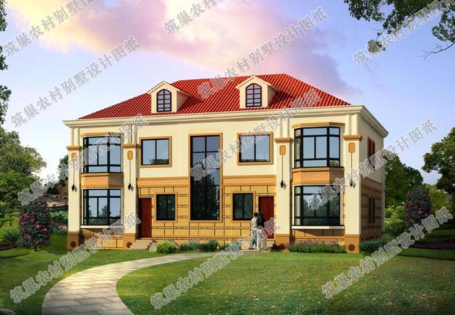 二層雙拼別墅全套施工效果圖，室內布局對稱設計，空間劃分合理，外立面溫暖大氣，一起來看看