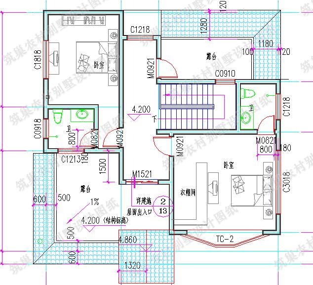 農村二層自建房全套施工效果圖25萬11×11米1廳4臥，有飄窗、雙露臺設計，施工難度低
