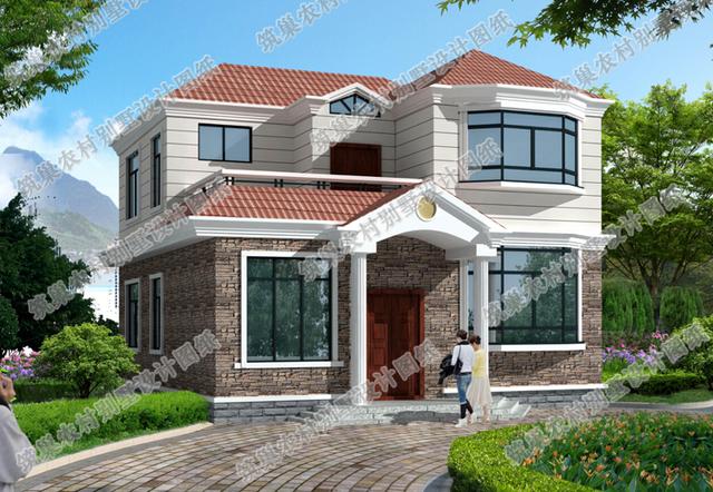 農村二層自建房全套施工效果圖25萬11×11米1廳4臥，有飄窗、雙露臺設計，施工難度低