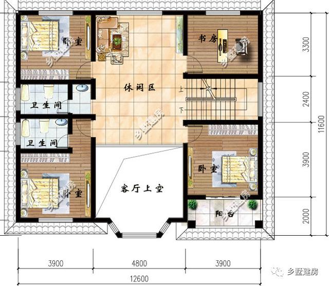 一款二層農村自建別墅設計圖，淡黃色的外觀墻，既不顯庸俗又很好得融入鄉村環境