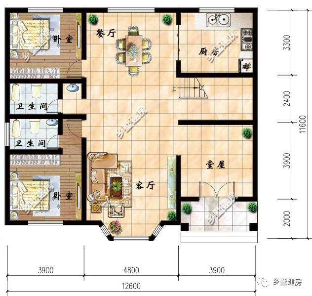 一款二層農村自建別墅設計圖，淡黃色的外觀墻，既不顯庸俗又很好得融入鄉村環境