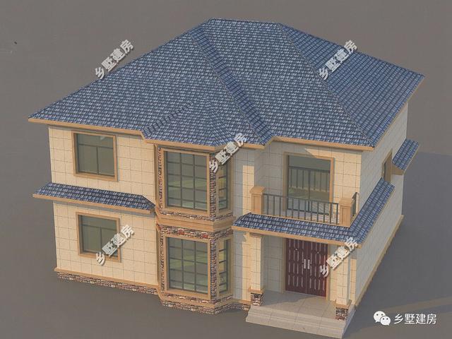 一款二層農村自建別墅設計圖，淡黃色的外觀墻，既不顯庸俗又很好得融入鄉村環境