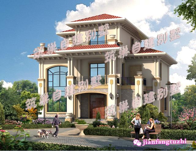 13x10.8米三層自建別墅小洋樓設計圖，磚紅色屋頂+超大落地窗+大露臺，真是太漂亮了