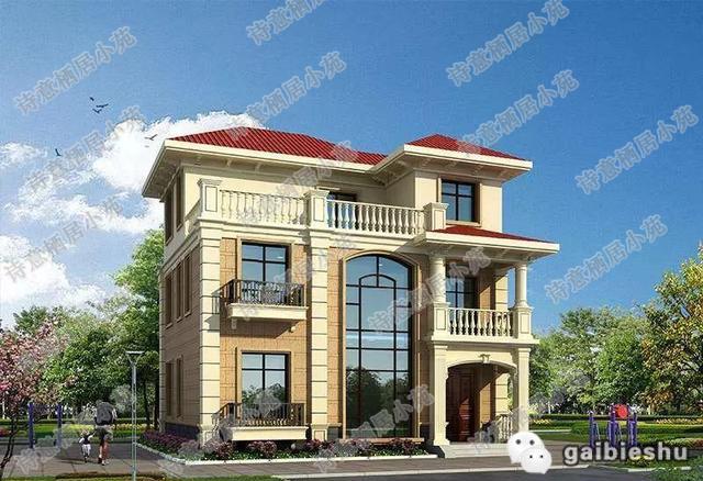 11×9米三層簡歐風(fēng)格別墅設(shè)計圖，屋頂有大露臺，主體造價30萬左右