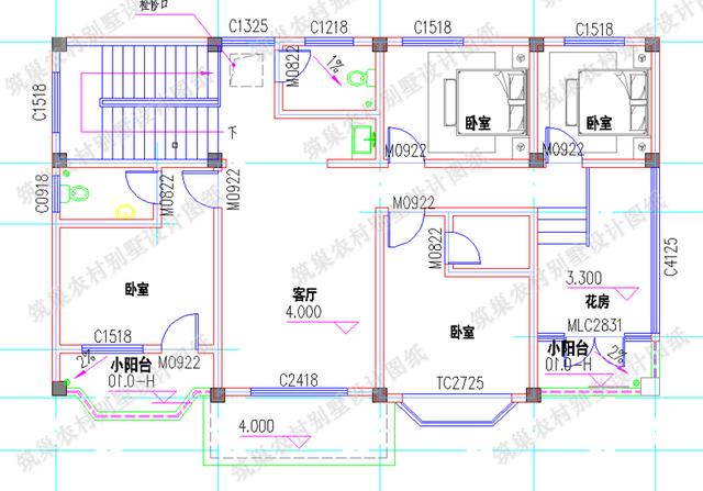 二層帶堂屋陽光花房農村自建房全套施工效果圖15×9米，主體造價30萬