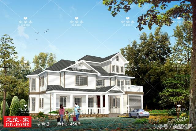 三層的農村自建別墅戶型圖，帶車庫露臺，除了8個臥室，還設有會客廳、茶室、書房、娛樂室、休閑室等，外觀霸氣，功能齊備完美