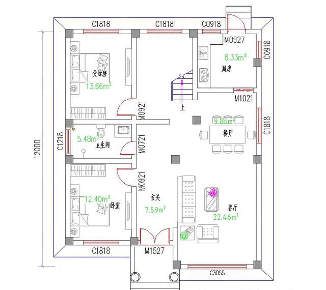 三層帶挑空客廳的農村別墅設計圖，占地尺寸適中，主體造價30萬左右。