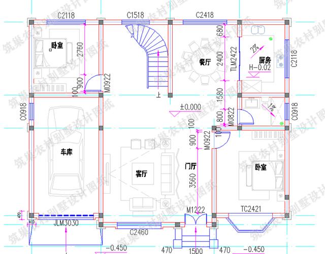 二層農(nóng)村別墅設(shè)計(jì)圖，帶旋轉(zhuǎn)樓梯+挑空客廳車(chē)庫(kù)套間，造價(jià)30萬(wàn)