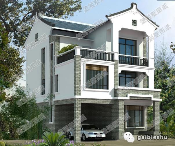 傳統中式風格三層別墅設計圖，帶車庫，帶后院