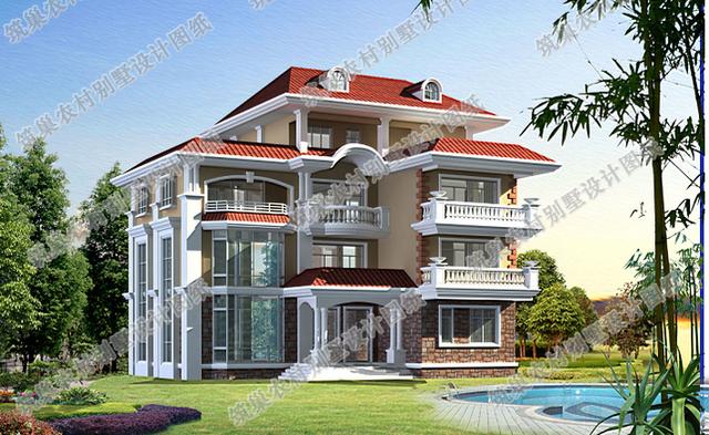 四層農村別墅全套CAD設計施工效果圖，大客廳挑空設計，套間臥室