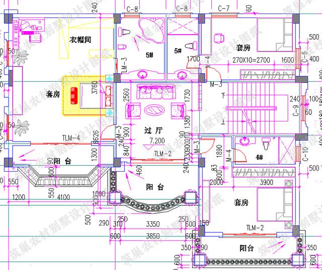 四層農村別墅全套CAD設計施工效果圖，大客廳挑空設計，套間臥室