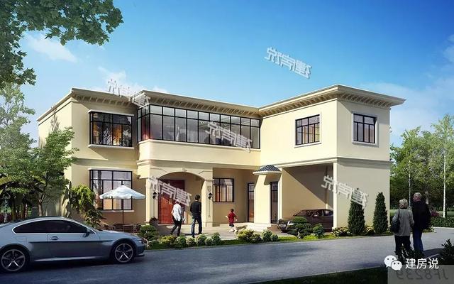 三款農村自建別墅設計圖，帶露臺和院子，一家人坐在院子里其樂融融