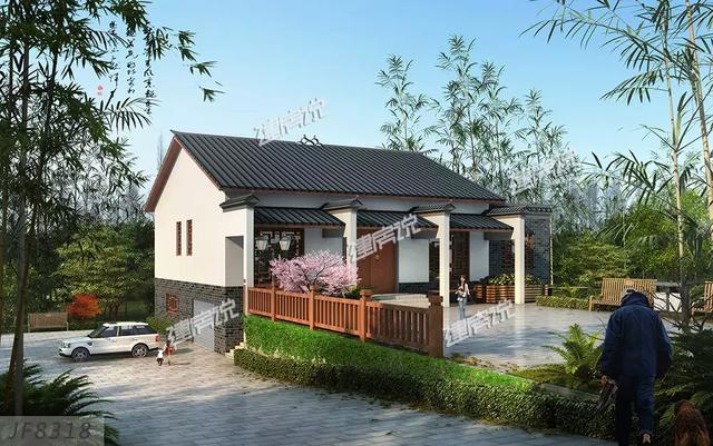 三款農村自建別墅設計圖，帶露臺和院子，一家人坐在院子里其樂融融