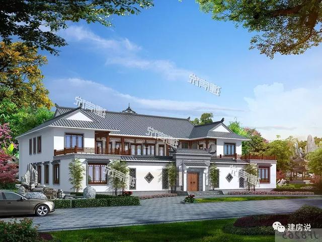 三款農村自建別墅設計圖，帶露臺和院子，一家人坐在院子里其樂融融