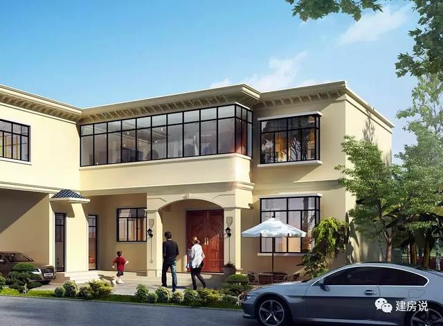 三款農村自建別墅設計圖，帶露臺和院子，一家人坐在院子里其樂融融