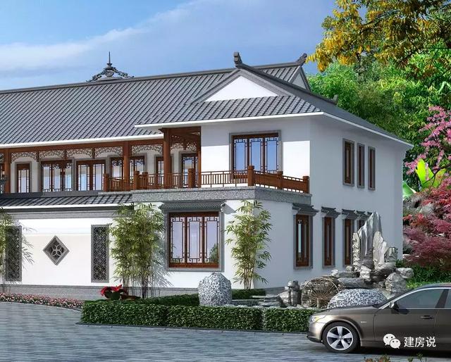 三款農村自建別墅設計圖，帶露臺和院子，一家人坐在院子里其樂融融