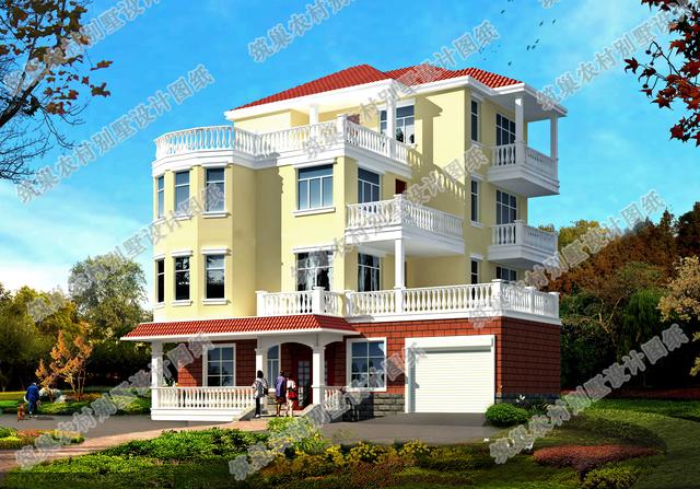 四層帶車庫露臺花園農村別墅施工設計效果圖，造價50萬，外觀富有立體感
