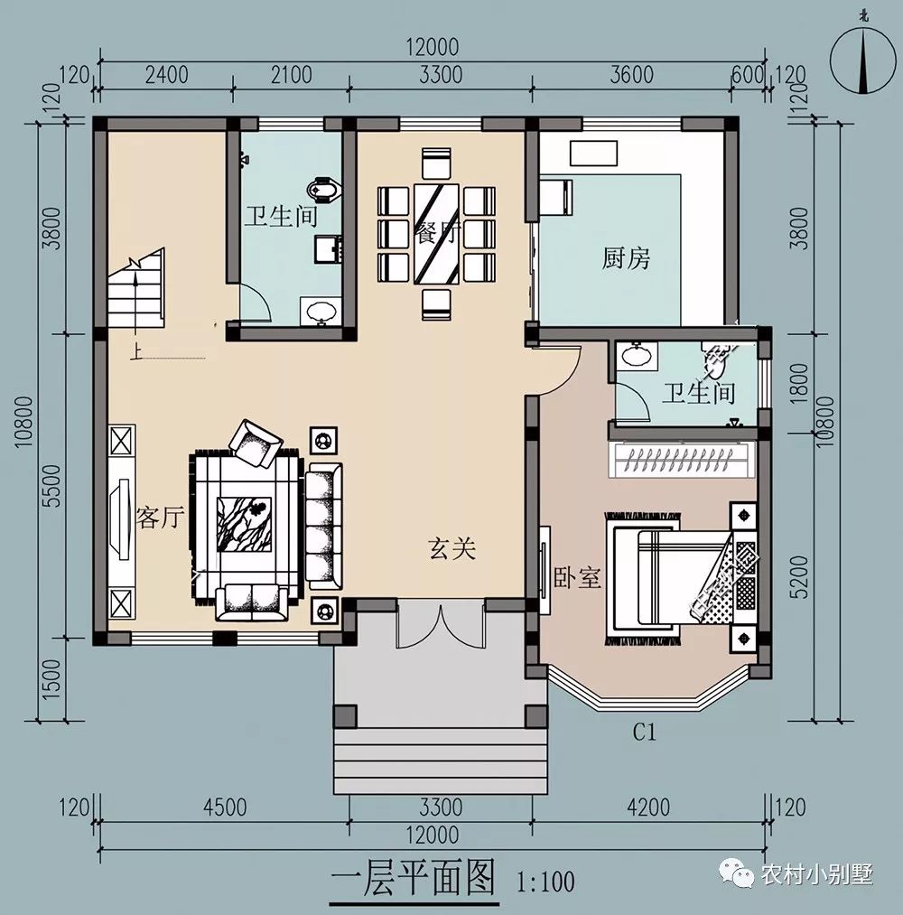 12X11米美式雙層農村別墅設計圖，落地采光窗+坡屋頂