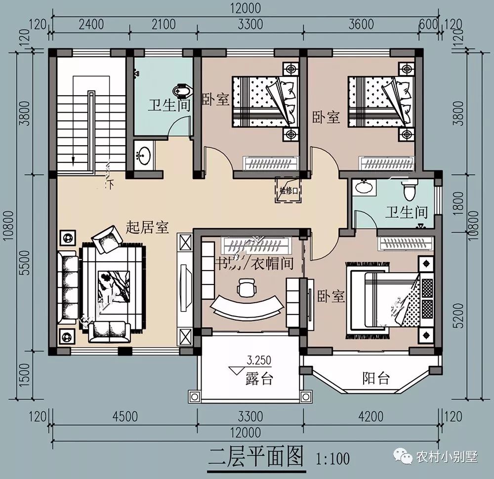 12X11米美式雙層農村別墅設計圖，落地采光窗+坡屋頂