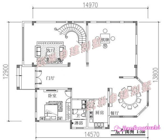 三層15x13米中空農(nóng)村自建框架結(jié)構(gòu)別墅設(shè)計(jì)圖，帶旋轉(zhuǎn)樓梯，簡(jiǎn)單實(shí)用。