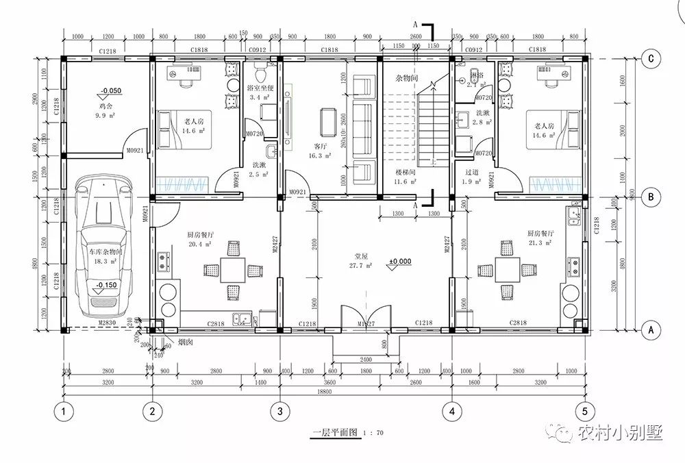 18.8x10米兩層農村住宅圖，挑空客廳配獨立車庫