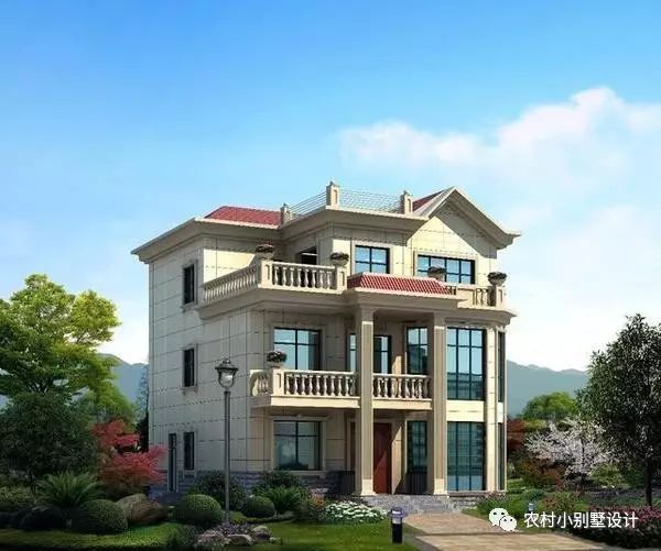 11*11.5三層復式住宅設計圖，淺色真石漆配紅色屋頂，有氣質