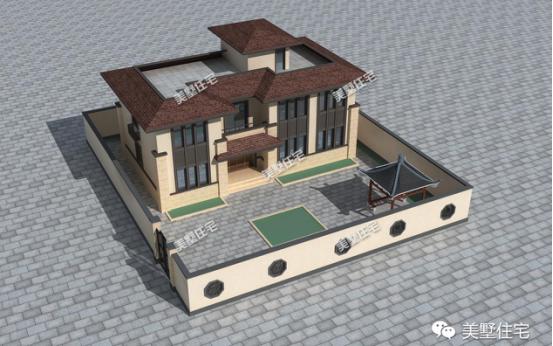 二層中式別墅設計圖，帶庭院有涼亭，保留傳統又融合了現代風格