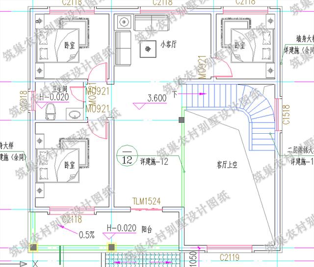 二層簡(jiǎn)歐風(fēng)格農(nóng)村小別墅全套施工設(shè)計(jì)圖，12×12米，帶挑空客廳