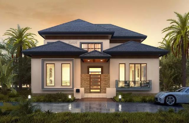 這款農村別墅設計圖，13X16米，落地窗+涼亭設計，外觀和內部都美