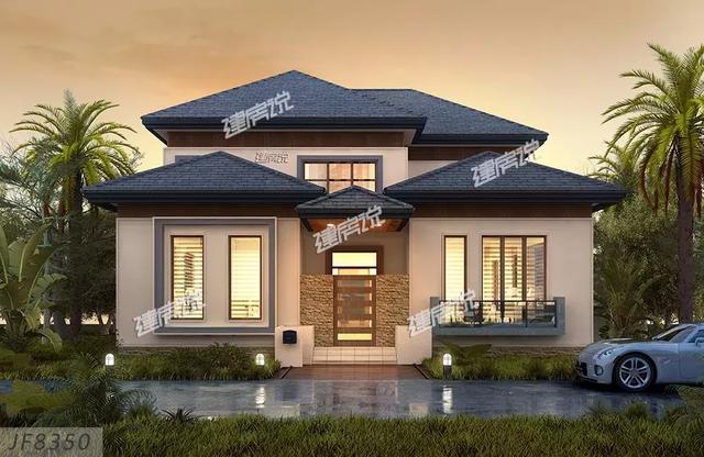 這款農村別墅設計圖，13X16米，落地窗+涼亭設計，外觀和內部都美