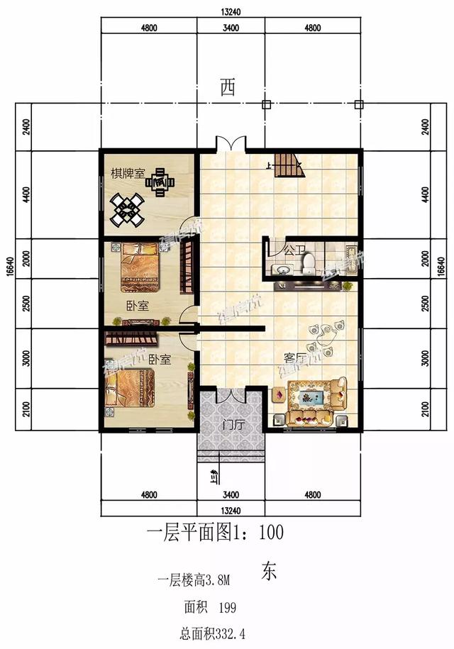 這款農村別墅設計圖，13X16米，落地窗+涼亭設計，外觀和內部都美