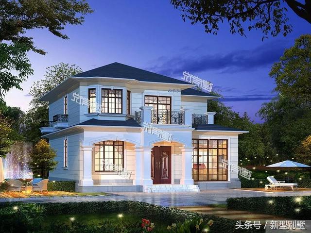 二層農村別墅設計圖，占地148平方米，造型錯落有致，非常高檔，夜晚后燈光特別美，你心動了嗎？
