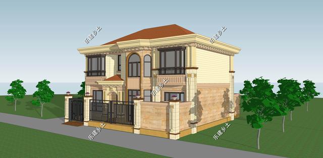 二層簡歐別墅設計圖，別墅整體方正大氣，以暖色調為主，給人一種溫馨舒適的感覺