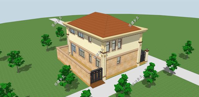 二層簡歐別墅設計圖，別墅整體方正大氣，以暖色調為主，給人一種溫馨舒適的感覺