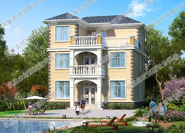 4廳9臥三層農村別墅設計圖，戶型規整大氣，帶L型大露臺，滿足農村大家庭居住需求。