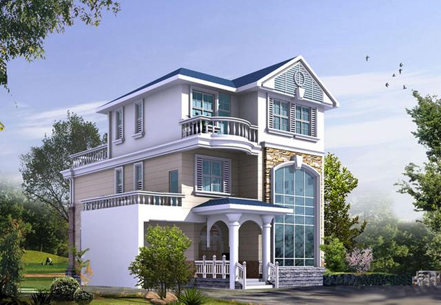 歐式三層別墅設計圖，帶車庫+屋頂花園，外觀效果圖時尚、精致。