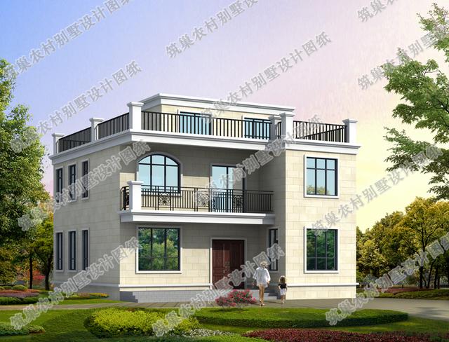 平頂二層農(nóng)村小別墅全套施工效果圖，外觀簡(jiǎn)單大方，施工難度較低，適合農(nóng)村建房