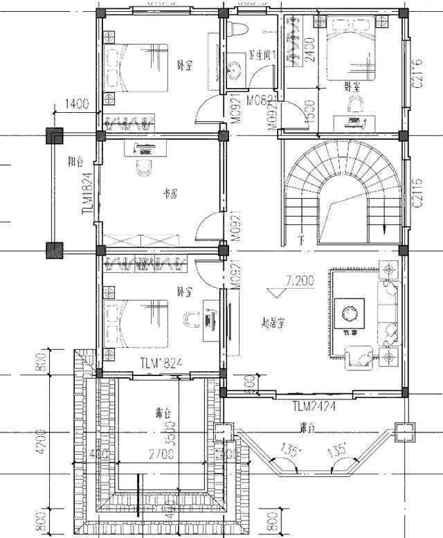 三層別墅設計圖，車庫+旋轉樓梯+挑空客廳+套間+多個落地窗，戶型美觀實用，視覺效果極佳。