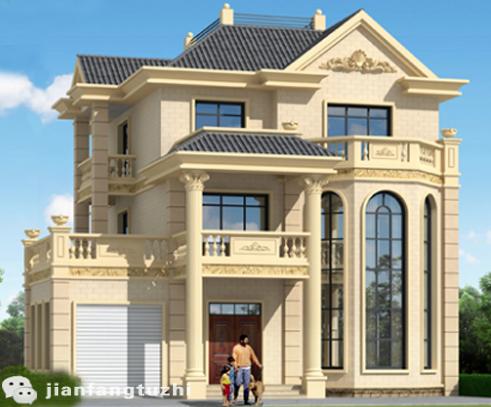 三層別墅設計圖，車庫+旋轉樓梯+挑空客廳+套間+多個落地窗，戶型美觀實用，視覺效果極佳。