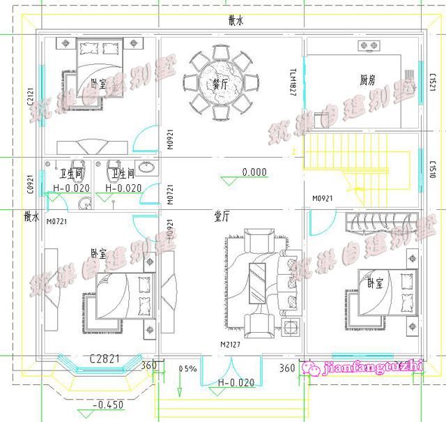 二層農(nóng)村別墅設(shè)計圖，帶飄窗設(shè)計，占地153平方米，造價30萬以內(nèi)。
