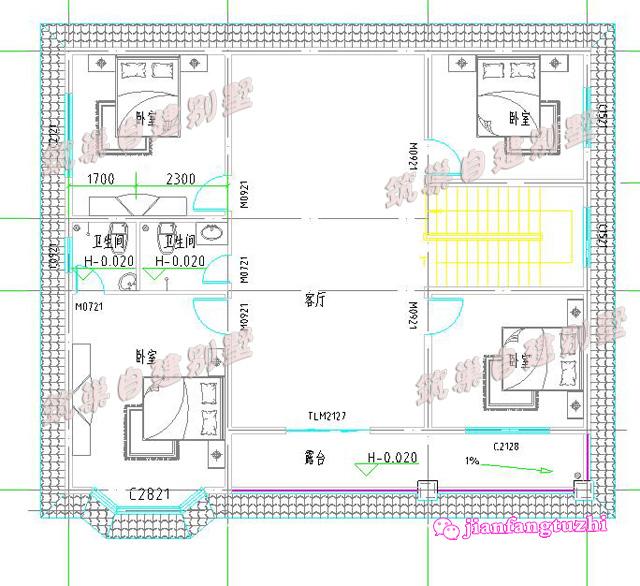 二層農(nóng)村別墅設(shè)計圖，帶飄窗設(shè)計，占地153平方米，造價30萬以內(nèi)。