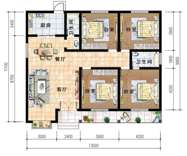 13x10米一層農村別墅設計圖，不僅造價較低,而且經濟實用，兩廳兩衛四室絕對夠用！