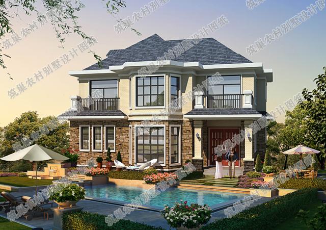 13×11米二層別墅設(shè)計(jì)圖，庭院內(nèi)設(shè)游泳池，造價(jià)25萬。