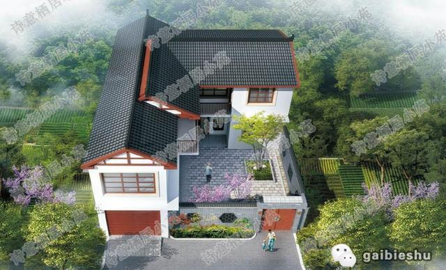 二層農村別墅設計圖，帶有車庫，內設有小庭院，造價20萬。