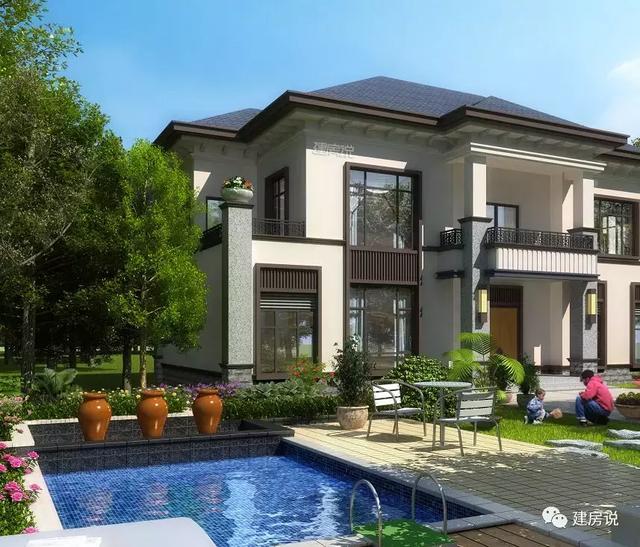 二層新中式花園泳池別墅設計圖，造型恢宏大氣，建房發愁的朋友進來看。