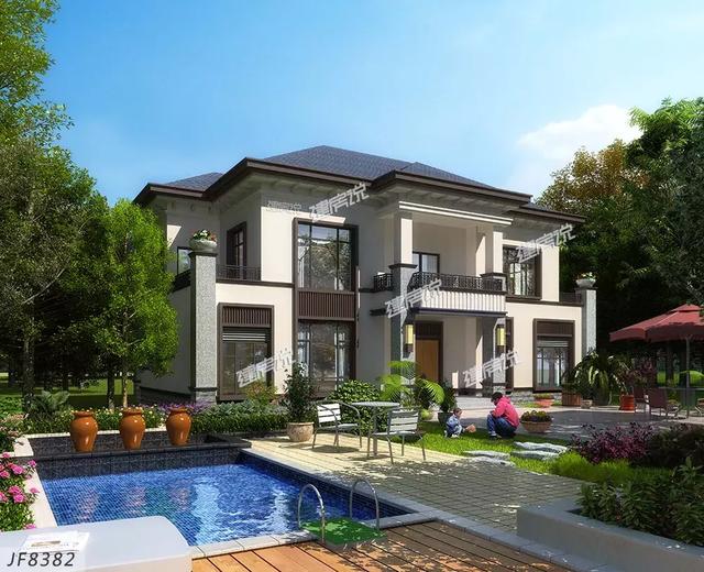 二層新中式花園泳池別墅設計圖，造型恢宏大氣，建房發愁的朋友進來看。